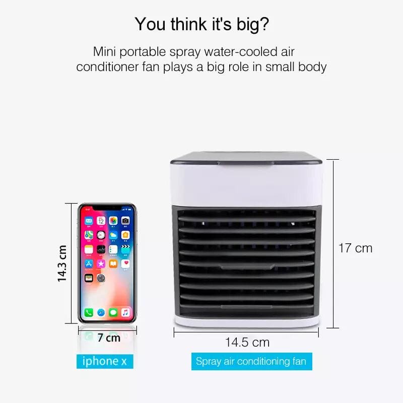 Mini USB Air Conditioner, Rechargeable Air Cooler With 3 Speeds, 7 LED Lights & Evaporative Humidification Mini USB Air Conditioner, Rechargeable Air Cooler With 3 Speeds, 7 LED Lights & Evaporative Humidification